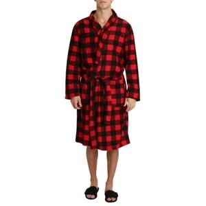 SleepHero Robe belted Slipper & Slipper Set Black Red Buffalo Check Small/Medium